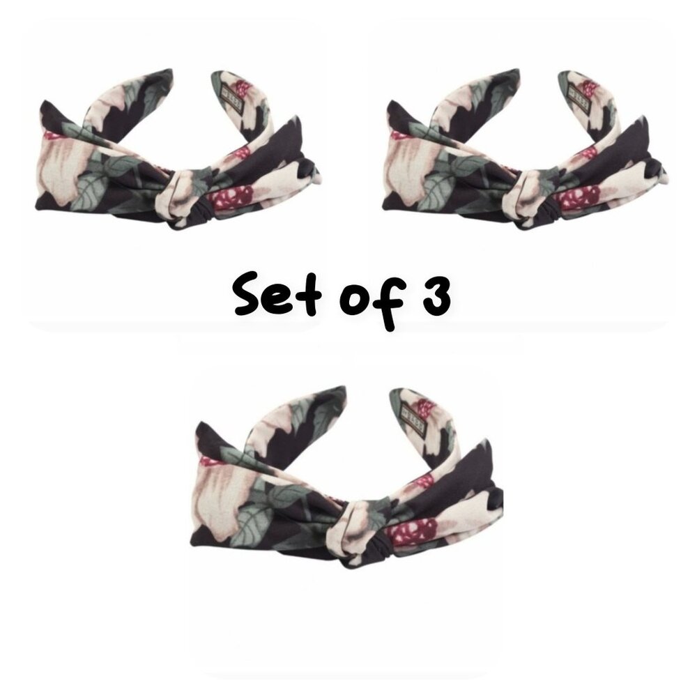 3-Floral Knotted Headbands w/Black Base & Pink Green Pattern For Women-NEW